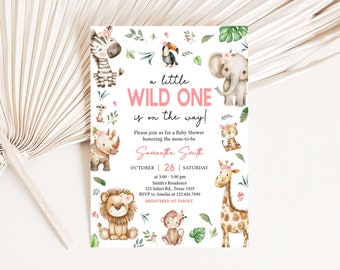 Bewerkbare uitnodiging voor babyshower babyshower safari meisje, A Little Wild One Jungle babyshower uitnodiging, bloemen safari dieren babyshower uitnodiging, 0834