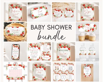 May include: A printable baby shower bundle featuring a strawberry and floral design. The bundle includes invitations, food labels, signs, water bottle labels, cupcake toppers, and games. The invitations say "Berry Sweet Baby Shower".