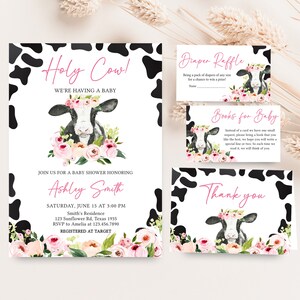 Editable Pink Highland Cow Baby Shower Invitation Bundle, Girl Holy Cow Baby Shower Invite Set, Floral Highland Cow Baby Shower Invite, 0799
