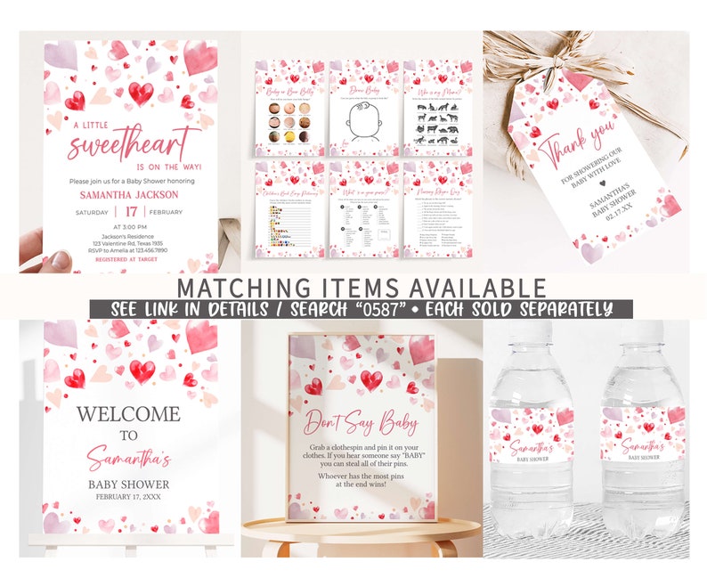May include: A set of printable baby shower decorations with a pink and red watercolor heart pattern. The set includes a welcome sign, a don't say baby game, a water bottle label, and a thank you tag. The text on the welcome sign reads "Welcome to Samantha's Baby Shower February 17, 20XX". The text on the don't say baby game reads "Don't Say Baby Grab a clothespin and pin it on your clothes. If you hear someone say "BABY" you can steal all of their pins. Whoever has the most pins at the end wins!"