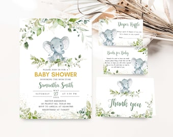 Editable Greenery Elephant Baby Shower Invitation Bundle, Little Peanut Baby Shower Invite Set, Gender Neutral Baby Shower Invitation, 0337