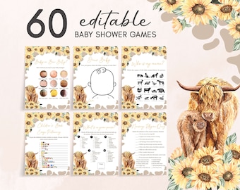 Bewerkbare zonnebloem Heilige koe babyshower spelletjesbundel, Highland Cow babyshower game pack, koe zonnebloem babyshower spelletjes sjabloon, 0772