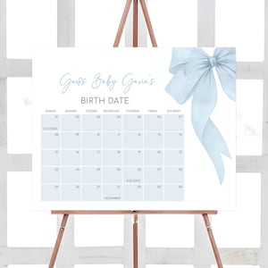 Editable Blue Bow Baby Shower Due Date Calendar, It&#39;s A Boy Coquette Baby Shower Calendar, Blue Ribbon Baby Shower Birthday Predictions 0995
