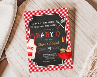 Editable Red BBQ Baby Shower Invitation, Gingham Baby-Q Baby Shower Invites, Backyard Bun in the Oven Grill Baby Shower Invitation, 0838
