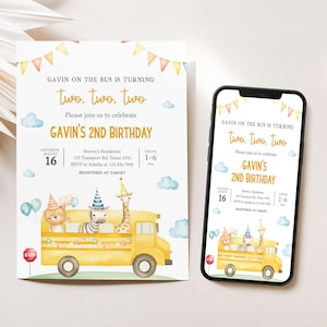 Editable Wheels on the Bus Birthday Invitation, Yellow School Bus Birthday Invite, Kids Turning Two Two Two Bus Birthday Party Invite, 86BD