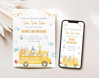 May include: A birthday invitation and a phone displaying the same design. The invitation features a yellow school bus with animal characters, text that reads "Gavin's 2nd Birthday", and event details. The design includes watercolor elements.