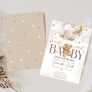 Editable Gender Neutral Bear Baby Shower Invitation, We Can Bearly Wait Baby Shower Invite, Boho Bear Balloon Baby Shower Invitation, 0606 image 2