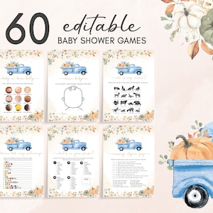 Editable Blue Pumpkin Truck Baby Shower Games Bundle, Boy Fall Pumpkin Baby Shower Game Pack, Boy Boho Pumpkin Baby Shower Games Set 0473