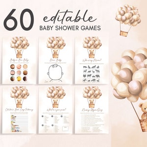 Redigerbart babyshower-spelpaket med brunbjörn, bohemiskt babyshower-spelpaket med luftballonger, mall för babyshower-spel med "We Can Bearly Wait" 0702 bild 1