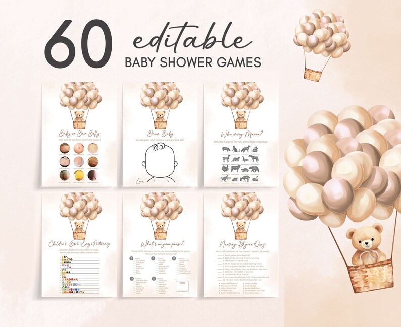 Redigerbart babyshower-spelpaket med brunbjörn, bohemiskt babyshower-spelpaket med luftballonger, mall för babyshower-spel med "We Can Bearly Wait" 0702 bild 1