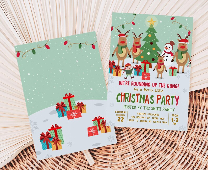 two christmas party cards sitting on top of a wicker basket