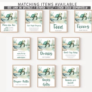 May include: Set of ten printable signs featuring a watercolor illustration of a sea turtle. The signs are for a baby shower and include titles like "Mom-osa Bar", "Late Night Diapers", "Food", "Favors", "Drinks", "Don't Say Baby", "Diaper Raffle", "Books & Gifts", and "Babies are Sweet".