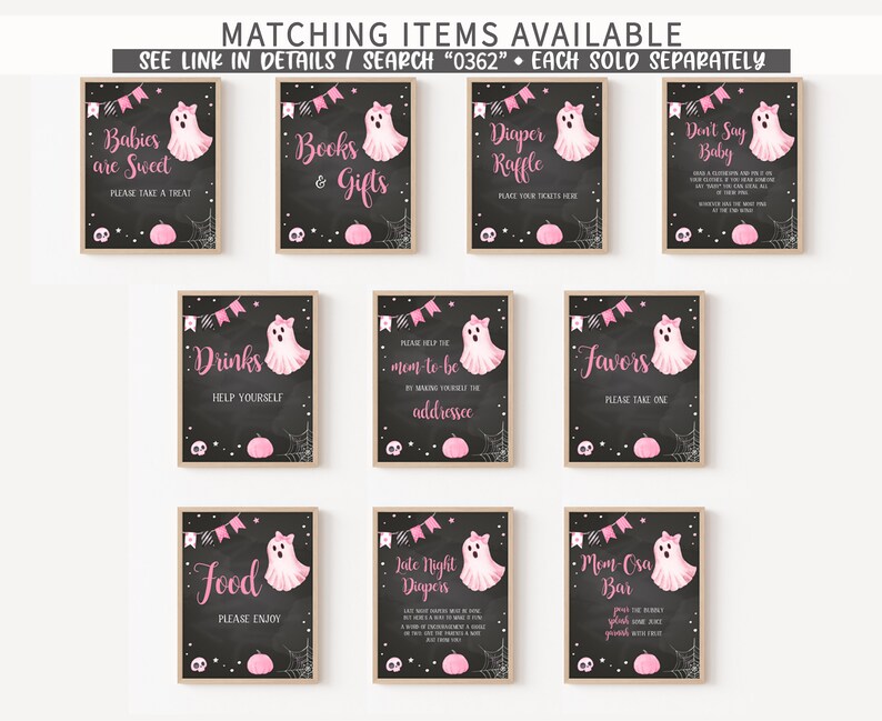 May include: A collection of framed Halloween-themed signs with a chalkboard background. Each sign features a pink ghost illustration, decorative banners, and text such as "Babies are Sweet" and "Books & Gifts".