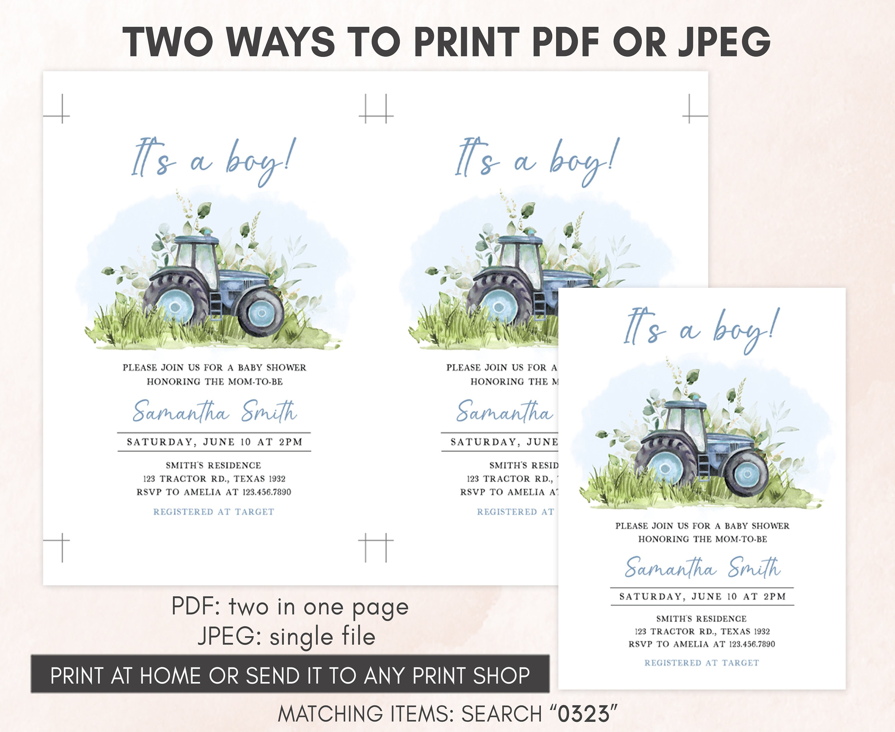 Editable Blue Tractor Baby Shower Invitation Bundle, Farm Baby Shower ...