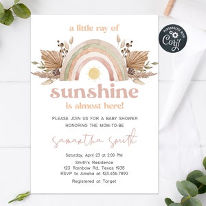 Editable Rainbow Baby Shower Invitation, Boho Baby Shower Invite, A Little Ray of Sunshine Invitation Boho Rainbow Invite Girl Template 0196 image 1