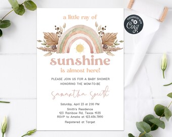 Editable Rainbow Baby Shower Invitation, Boho Baby Shower Invite, A Little Ray of Sunshine Invitation Boho Rainbow Invite Girl Template 0196