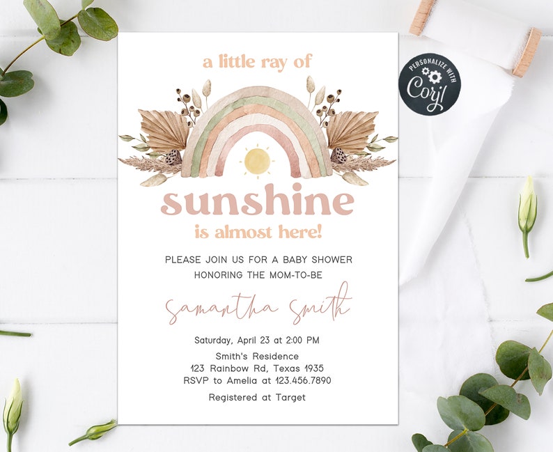 Editable Rainbow Baby Shower Invitation, Boho Baby Shower Invite, A Little Ray of Sunshine Invitation Boho Rainbow Invite Girl Template 0196 image 1