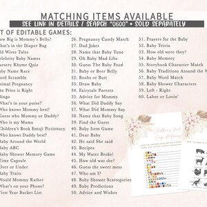 Puede incluir: Una lista imprimible de 60 juegos para baby shower, con un dise&ntilde;o floral rosa y blanco. Los juegos incluyen opciones como "&iquest;Qu&eacute; tan grande est&aacute; la barriga de mam&aacute;?" y "Tradiciones de beb&eacute;s alrededor del mundo".