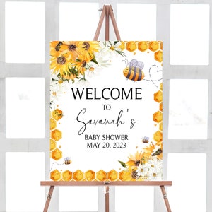 Bewerkbare zonnebloem Bee babyshower welkomstbord, Honey Bee genderneutraal babyshower welkomstposter, A Little Honey babyshower bord, 0242