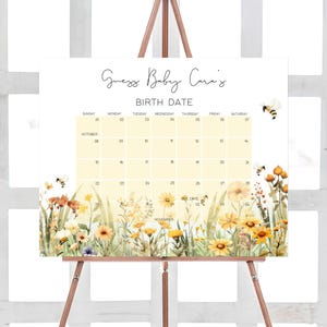 Bearbeitbarer Bienen-Babyparty-Fälligkeitsdatumskalender, Mama zu Bienen-Babypartykalender, Wildblumen-Honigbiene-Babyparty-Geburtstagsvorhersagen, 01022