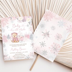 Bearbeitbare Rosa Winter-Bär-Babyparty-Einladung, Mädchen-Bär Winter-Babyparty-Einladung, Rosa Schneeflocke-Baby Es ist kalt draußen einladen, 0521 Bild 2