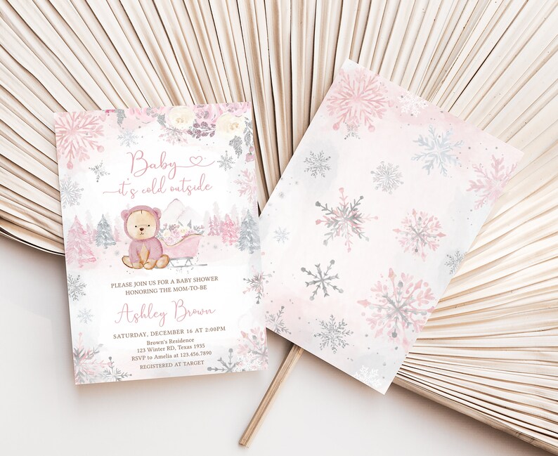 Bearbeitbare Rosa Winter-Bär-Babyparty-Einladung, Mädchen-Bär Winter-Babyparty-Einladung, Rosa Schneeflocke-Baby Es ist kalt draußen einladen, 0521 Bild 2