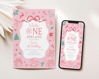 Invitación editable de Onederland rosa invernal, invitación para el primer cumpleaños de niña, fiesta navideña en el país de las maravillas, plantilla de invitación de cumpleaños invernal, 118BD