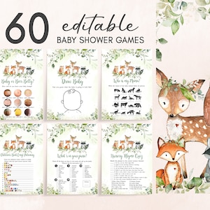 Editable Woodland Baby Shower Games Bundle, Greenery Woodland Animals Baby Shower Games Pack, Woodland Theme Games Printable Templates 0320