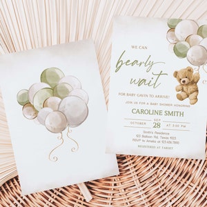 Editable Gender Neutral Bear Baby Shower Invitation, We Can Bearly Wait Baby Shower Invite, Green Balloon Bear Baby Shower Invitation, 0526 image 2