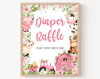 Diaper Raffle Sign Farm Baby Shower Floral Pink Barnyard Baby Shower Diaper Raffle Game Sign Girl Farm Animals Decor Printable Template 0321