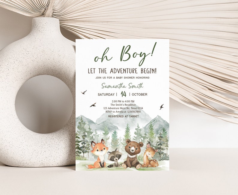 Editable Let the Adventure Begin Woodland Baby Shower Invitation, Boy Adventure Baby Shower Invite, Forest Mountain Baby Shower Invite, 0496 image 1