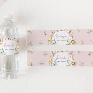 Editable Boho Safari Baby Shower Bottle Label, Pink Floral Jungle Baby Shower Water Labels, Girl Safari Animals Boho Bottle Stickers, 0309 image 2