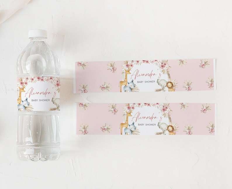 Editable Boho Safari Baby Shower Bottle Label, Pink Floral Jungle Baby Shower Water Labels, Girl Safari Animals Boho Bottle Stickers, 0309 image 2