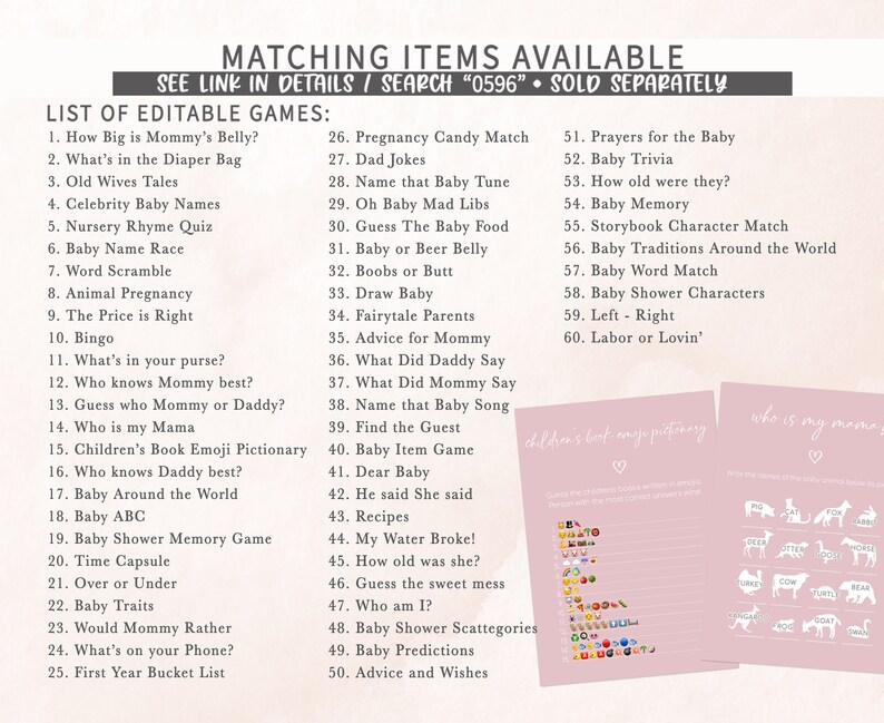 May include: A pink baby shower game list with various editable games, such as "What's in the Diaper Bag" and "Baby Trivia." The image also features two matching pink game cards with emoji and animal illustrations.