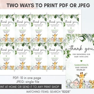 May include: Ten printable thank you tags for a baby shower. The tags feature a jungle theme with a giraffe, monkey, lion, elephant, and a baby wearing a hat. The text on the tags reads "Thank you for showering our baby with love" and "Samantha's Baby Shower 05.06.23".