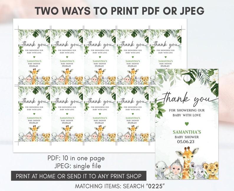 May include: Ten printable thank you tags for a baby shower. The tags feature a jungle theme with a giraffe, monkey, lion, elephant, and a baby wearing a hat. The text on the tags reads "Thank you for showering our baby with love" and "Samantha's Baby Shower 05.06.23".