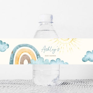 Bewerkbaar Here Comes The Son-fleslabel babyshower, retro Sunshine waterlabels babyshower, boho Here Comes The Sun-flesstickers, 0713