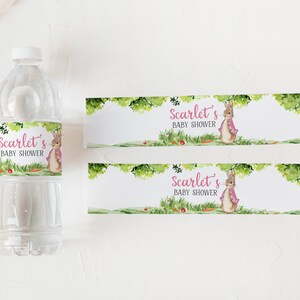 Editable Pink Peter Rabbit Baby Shower Bottle Label, Girl Rustic Bunny Baby Shower Water Label, Spring Garden Party Printable Template 0241 image 3