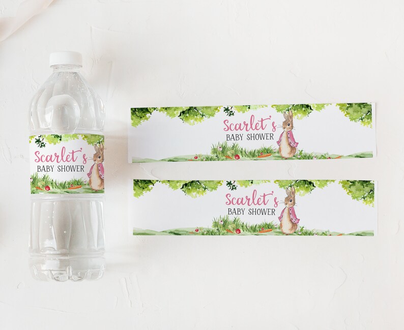 Editable Pink Peter Rabbit Baby Shower Bottle Label, Girl Rustic Bunny Baby Shower Water Label, Spring Garden Party Printable Template 0241 image 3