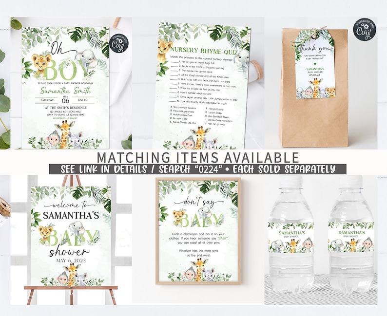 May include: A set of printable baby shower decorations with a jungle theme. The set includes a welcome sign, a don't say baby game, a nursery rhyme quiz, a thank you tag, and water bottle labels. The decorations feature a green, brown, and white color scheme with illustrations of animals like elephants, giraffes, and monkeys.
