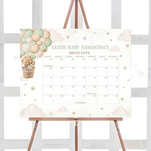 Bearbeitbarer Grüner Bär-Babyparty-fälliges Datum-Kalender-Warten-Babyparty-Kalender-Gender Neutral Boho Bär-Geburtstags-Vorhersagen 0414