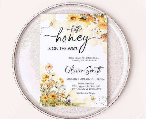 Editable A Little Honey Is on The Way Baby Shower Invitation, Sweet as can Bee Baby Shower Invite, Wildflower Honey Bee Shower Invite, 01024