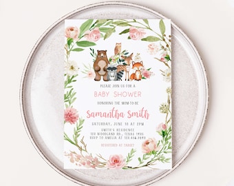 Editable Pink Floral Woodland Baby Shower Invitation, Girl Woodland Animals Baby Shower Invite, Greenery Floral Baby Shower Invitation, 0295