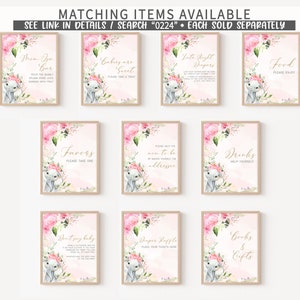 May include: Ten printable signs with floral and bunny illustrations for a baby shower. The signs include titles like "Mom-Isa Bar", "Babies are Sweet", "Late Night Diapers", "Food", "Favors", "Drinks", "Don't Say Baby", "Diaper Raffle", and "Books & Gifts".