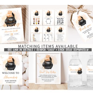 May include: A collection of baby shower stationery with a witchy theme. Includes an invitation, thank you tag, welcome sign, game cards, and water bottle labels. The design features a black cauldron with a crow, and the text "A Baby is Brewing".
