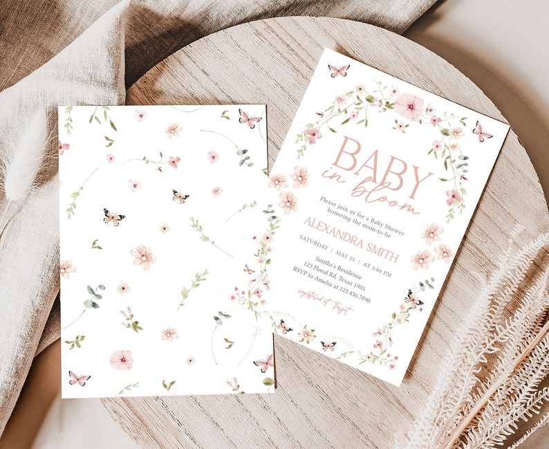 Editable Baby in Bloom Floral Baby Shower Invitation, Butterfly Baby Shower Invite, Butterflies Wildflower Spring Baby Shower Invite, 0674 image 2