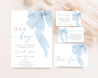 Editable Blue Bow Baby Shower Invitation Bundle, It's A Boy Coquette Baby Shower Invite Set, Blue Ribbon Baby Shower Invite Template, 0995