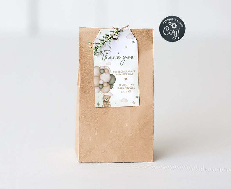 Etichetta per bomboniere per baby shower con palloncino con orsetto neutro, genere modificabile, Etichetta per regali per baby shower con orso Boho, Etichetta di ringraziamento per baby shower 0603 immagine 1