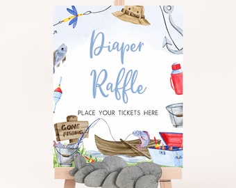 Diaper Raffle Sign Fishing Baby Shower, A Little Fisherman Is On The Way Baby Shower Diaper Game Sign, We're Reel Excited Baby Shower, 0833