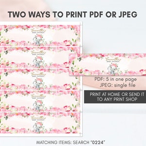 Puede incluir: Cinco etiquetas imprimibles para botellas de agua con un dise&ntilde;o floral rosa con un elefante gris sosteniendo una flor rosa. Las etiquetas dicen "Baby Shower de Samantha". El texto "PDF: 5 en una p&aacute;gina JPEG: archivo &uacute;nico IMPRIMIR EN CASA O ENVIAR A CUALQUIER TIENDA DE IMPRESI&Oacute;N ART&Iacute;CULOS QUE COINCIDEN: BUSCAR "0224"" tambi&eacute;n est&aacute; incluido.